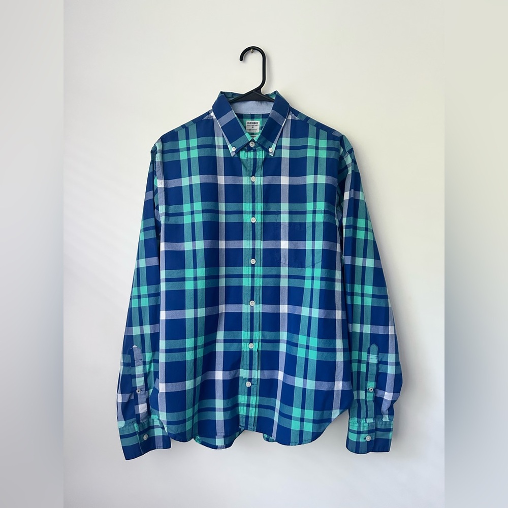 BONOBOS Standard Fit Blue Plaid Long Sleeve Button Down Dress Shirt Mens Medium